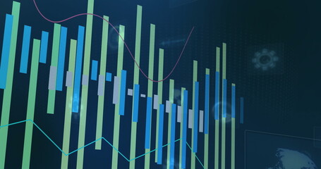 Displaying vertical bar and line charts on data screen, featuring binary code, gear and globe icons