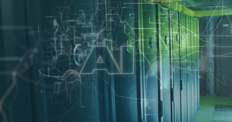 Highlighting server cabinets streaming circuit graphics in server room corridor, with AI overlay