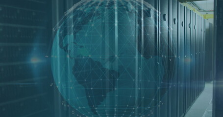 Displaying data center server racks lining corridor under cable trays, with wireframe globe overlay