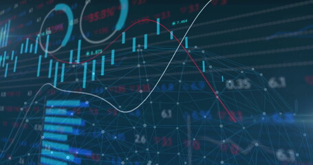 Displaying wireframe mesh showing flow on trading dashboard, with candlestick bars and line graphs