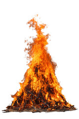 Towering flames engulf a stacked log bonfire, fiery orange light transparent background