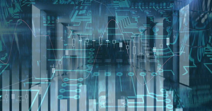 Displaying financial visuals over server racks in server room corridor, including binary code