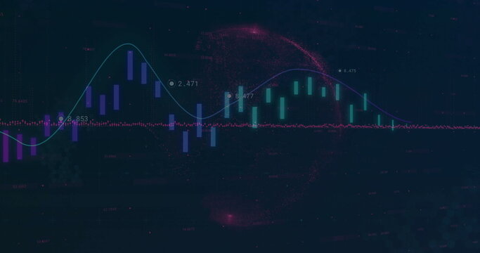 Trading interface displaying candlestick bars, line graph and fuchsia particle arc on dark screen