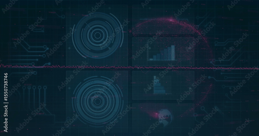 Poster displaying hud showing radar circles and bar charts on grid, with pink waveform and particle halo