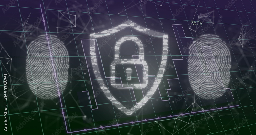 Poster displaying shield securing data in grid, with padlock symbol, fingerprints and network nodes