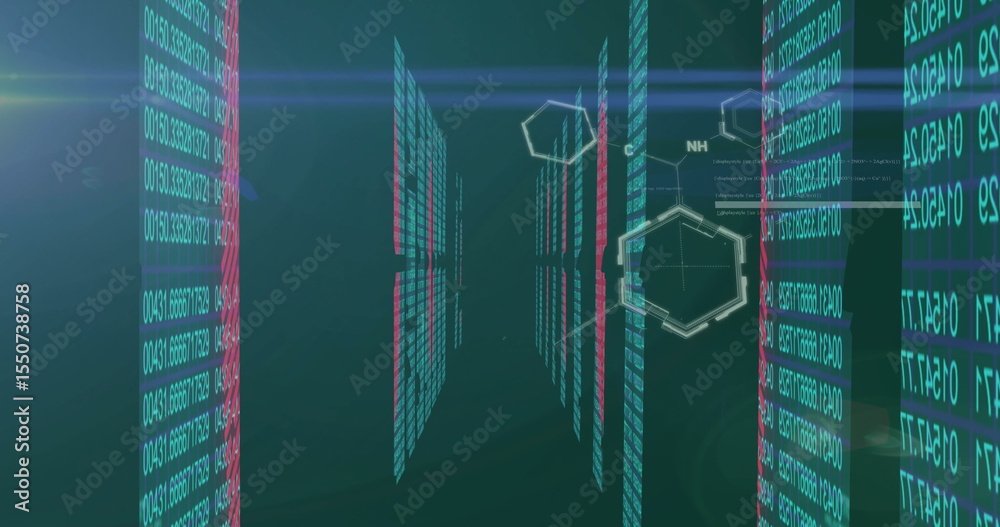 Poster showing panels streaming numeric, binary code in tunnel with chemical diagrams and light flares
