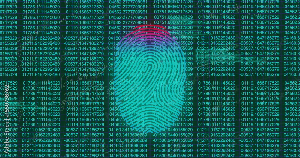 Poster displaying stylized fingerprint graphic overlaying digital screen with glowing numeric data columns