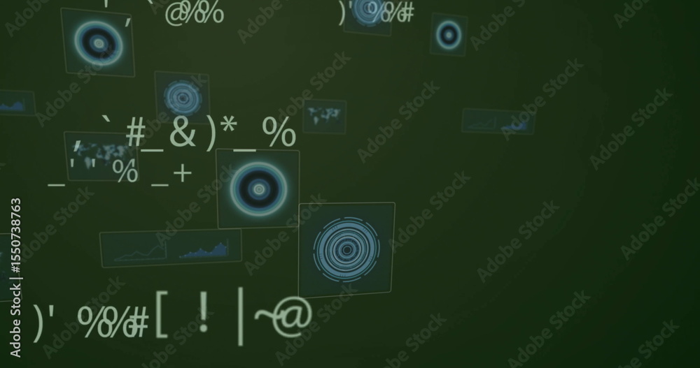 Poster floating widget displaying blue radial graphic in data dashboard, with line chart and code symbols