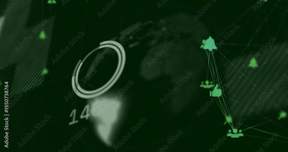 Poster displaying semi-transparent globe rotating at data dashboard, numeric overlay 14 and progress ring