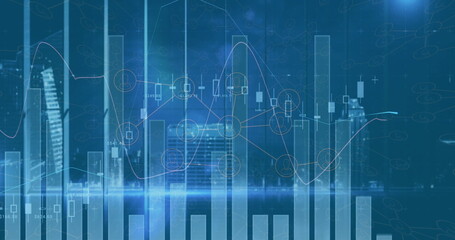 Displaying financial visualization over urban skyline with bar charts candlesticks and grid lines