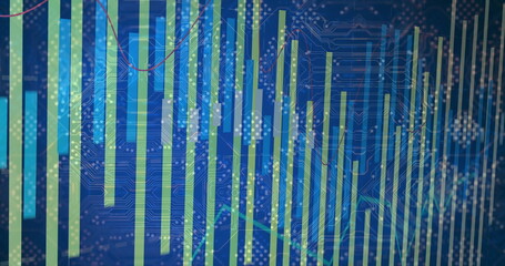 Displaying vertical bar chart glowing on digital dashboard, with node clusters and circuit traces