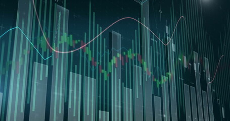 Financial chart displaying bars and candlesticks on dashboard, with trend and grid lines and labels