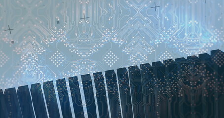 Highlighting dark vertical pillars rising in virtual digital environment, with circuit board motifs