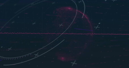 Displaying pink waveform line spanning digital HUD display, with white arcs and plus-shaped markers