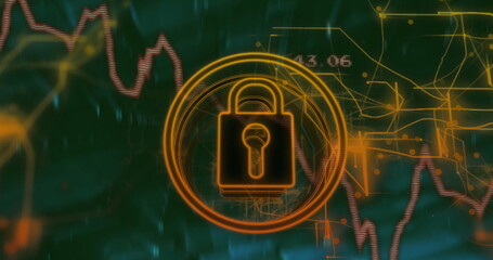 Hovering glowing orange padlock icon in circular ring securing interface, with financial charts