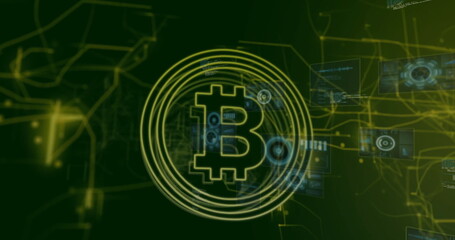 Glowing Bitcoin symbol rotating in digital network, with rings, data panels and circuit lines