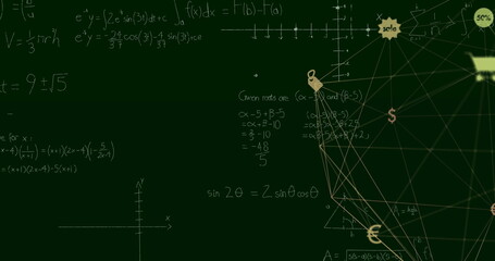Displaying nodes linking currency icons and equations on green chalkboard at school, copy space