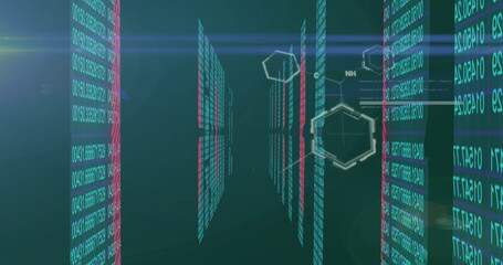 Showing panels streaming numeric, binary code in tunnel with chemical diagrams and light flares