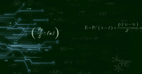Obraz na płótnie Canvas Glowing cyan circuit branching in virtual backdrop, with formulas and chemical diagram, copy space