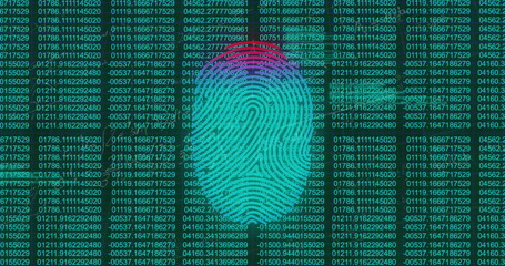 Displaying stylized fingerprint graphic overlaying digital screen with glowing numeric data columns