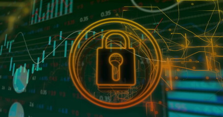 Glowing padlock icon rotating within concentric rings on trading screen with candlestick charts