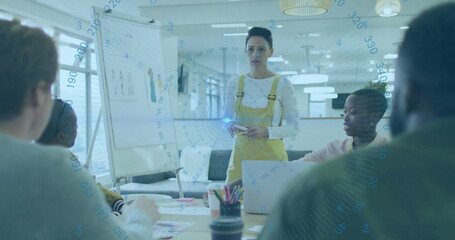 Presenting woman in yellow overalls gesturing at flip chart in modern office, with laptops markers