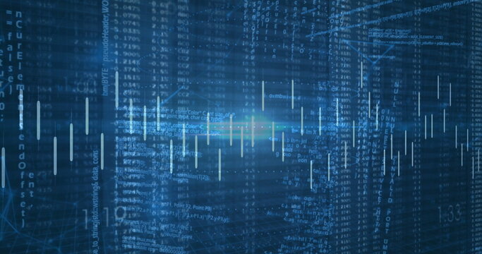 Presenting data visualization in digital matrix with cascading code streams and floating bars