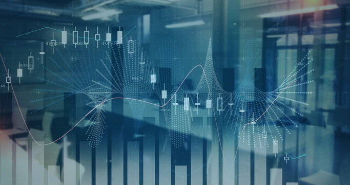 Displaying transparent overlays covering glass office with candlestick charts bar graphs and waves