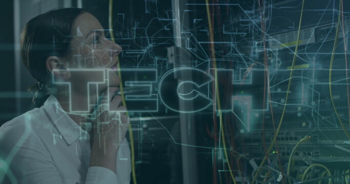 Standing female network engineer checking racks and cables in server room, TECH overlay, copy space