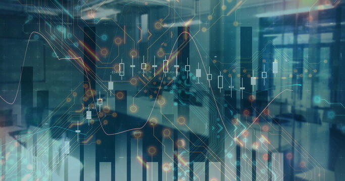 Displaying data overlay with bar graphs, candlestick charts and network nodes in open-plan office - Powered by Adobe