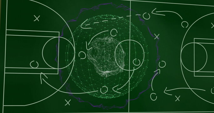 Chalkboard graphic showing network sphere over basketball court diagram with X O markers and arrows
