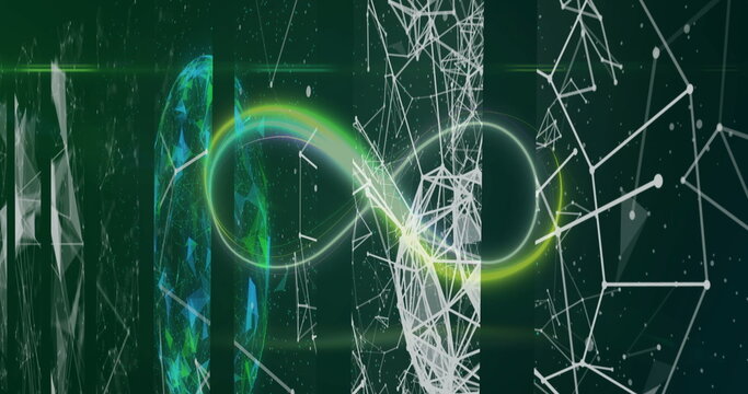 Highlighting neon-green loop emerging in digital space, with translucent panels and wireframe nodes