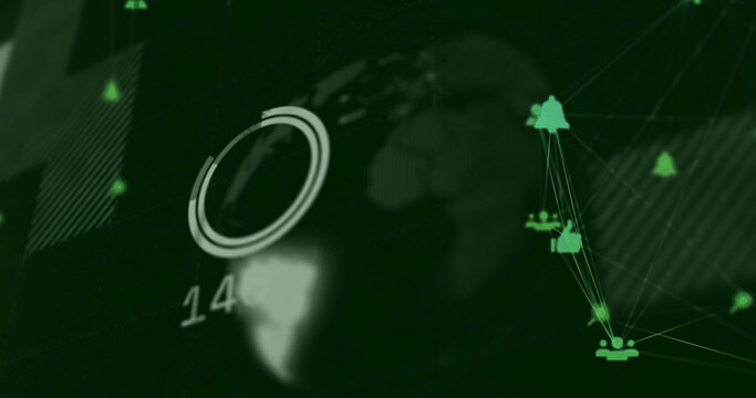 Displaying semi-transparent globe rotating at data dashboard, numeric overlay 14 and progress ring