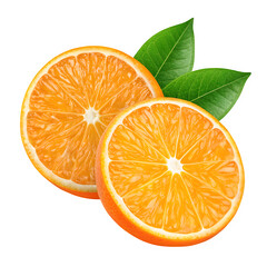 Juicy Orange Slices with Green Leaves on white Background Fresh Citrus Fruit Segments Healthy Food Photography
