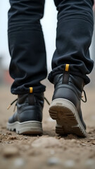 Worker wearing safety shoes in factory or construction site. Work safety concept, vertical image.