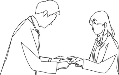 名刺交換をしているビジネスシーンの線画イラスト