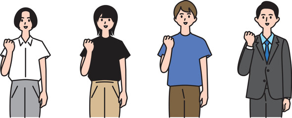 「がんばる！」と拳を握るポーズをとる男性と女性の全身のイラストセット
