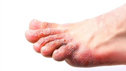 Close-up of human foot with visible fungal infection on white background, medical and healthcare concept for dermatology, podiatry or pharmacy education and treatment.