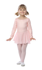 Cute little girl dancing on white background