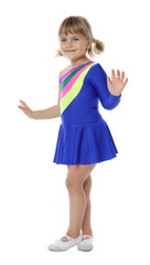 Cute little girl dancing on white background