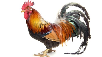 Fototapeta premium Beautiful Rooster on a White Background – a vibrant and striking visual. The colorful rooster stands out vividly against the clean white background, creating a lively and decorative scene
