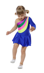 Cute little girl dancing on white background