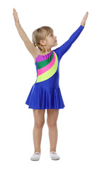 Cute little girl dancing on white background