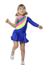 Cute little girl dancing on white background