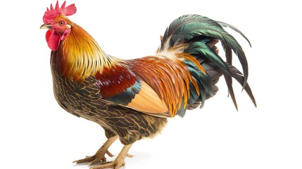 Fototapeta premium Beautiful Rooster on a White Background – a vibrant and striking visual. The colorful rooster stands out vividly against the clean white background, creating a lively and decorative scene