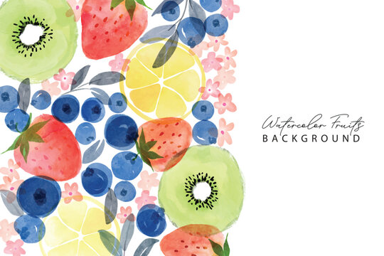 Set of summer fruits watercolor art pattern frame background. Sweet kiwi, strawberry, blueberry and lemon in frame.Summer fruits pattern. Fruit berry background. Watercolor fruit texture