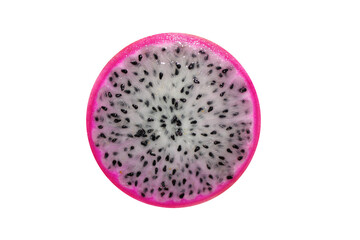 Half a Dragon Fruit, Sliced Open. A Fruit with Black Seeds. Exotic and Healthy Snack. Half of a pitaya that was cut in half.