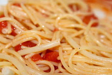 Spaghetti with Tomato Sauce.  Spaghetti with sauce and tomato pieces with selective focus. Spaghetti with sauce and pieces of tomato, with a backgroun blurred. 