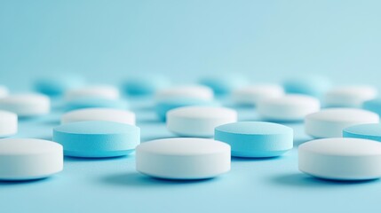 Blue and White Pills Arranged on a Table with Clean Background for Pharmaceutical Product Display 