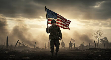 A lone soldier proudly carries the American flag across a war-torn battlefield.